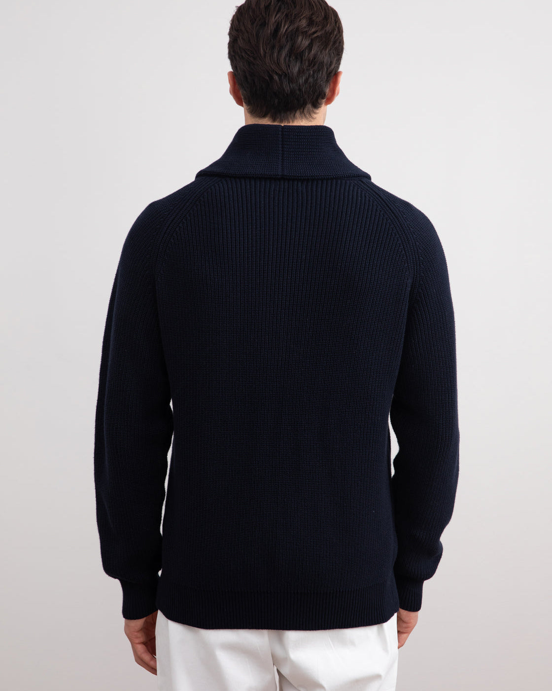 Dark blue rib-knit jacket with shawl collar