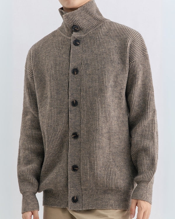 Stretchy knit sweater with high neck and buttons