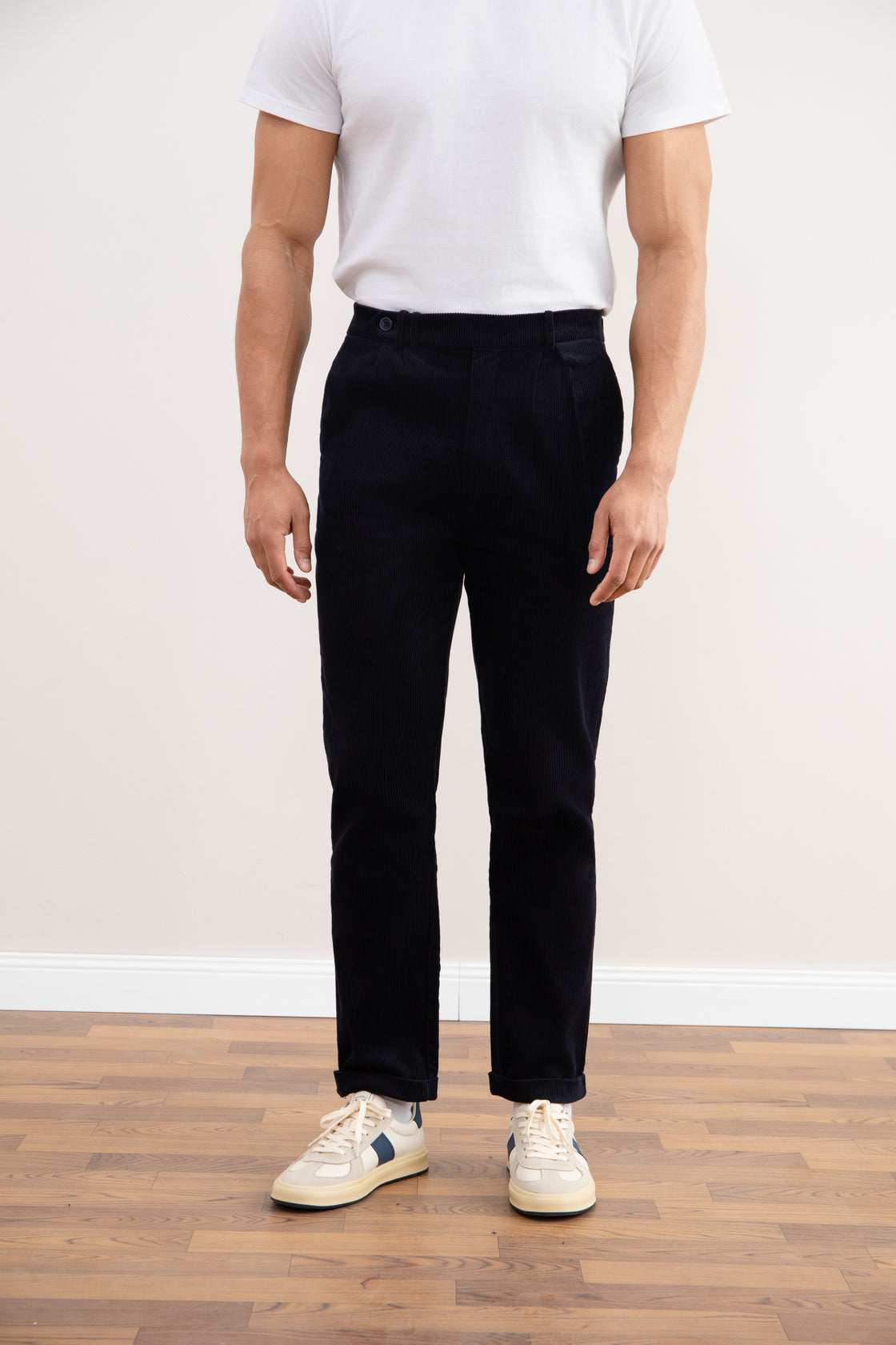 Navy blue velvet straight-leg pants