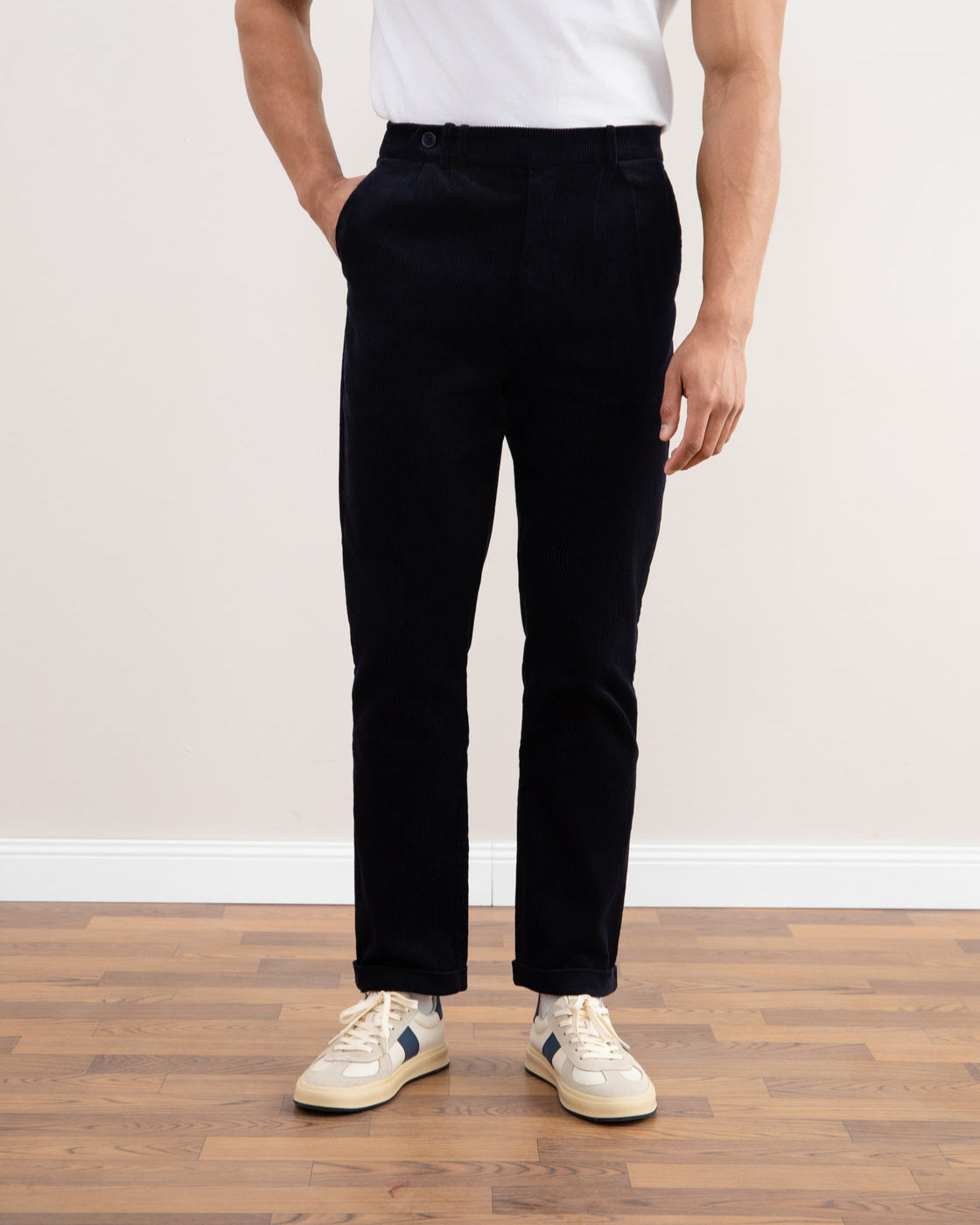 Navy blue velvet straight-leg pants