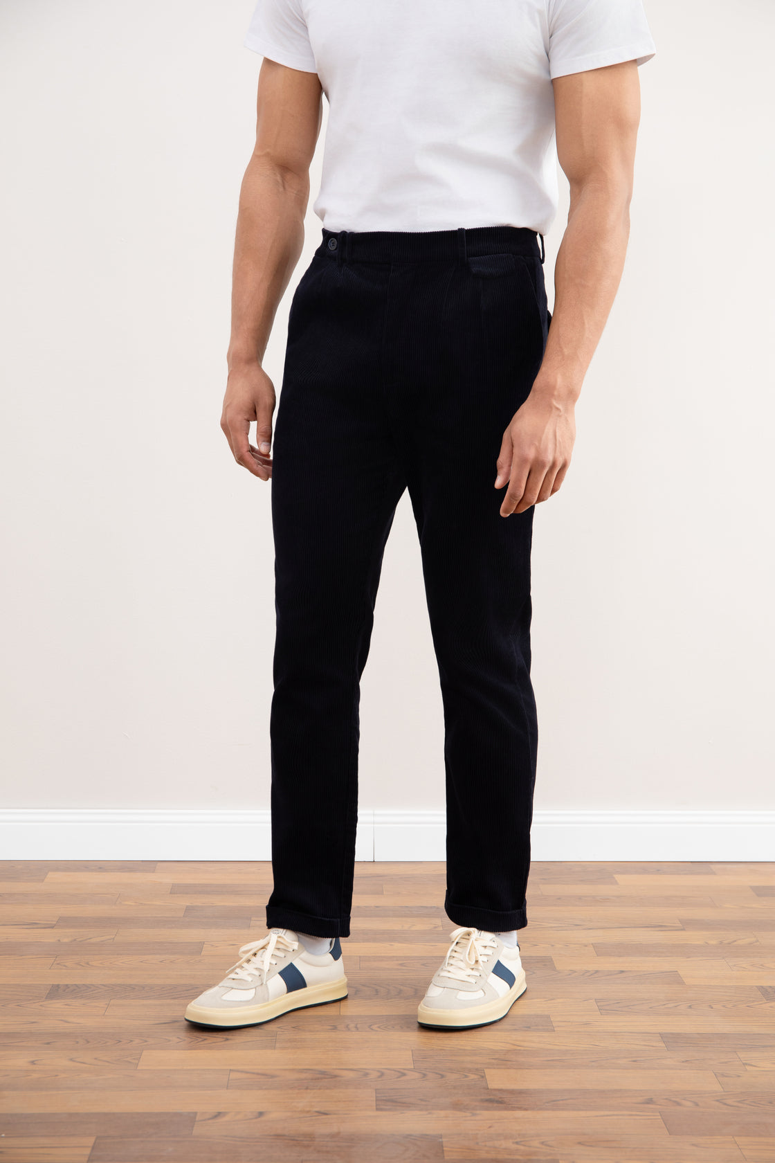 Navy blue velvet straight-leg pants
