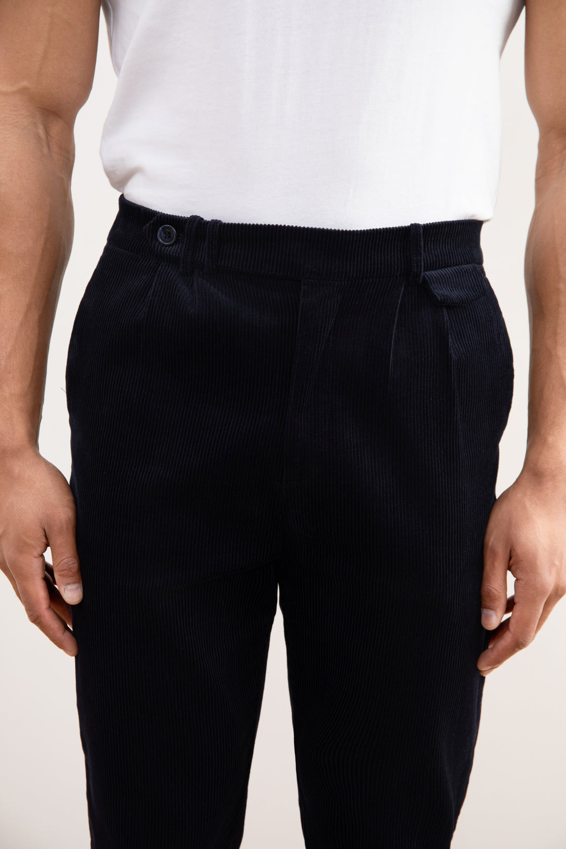 Navy blue velvet straight-leg pants