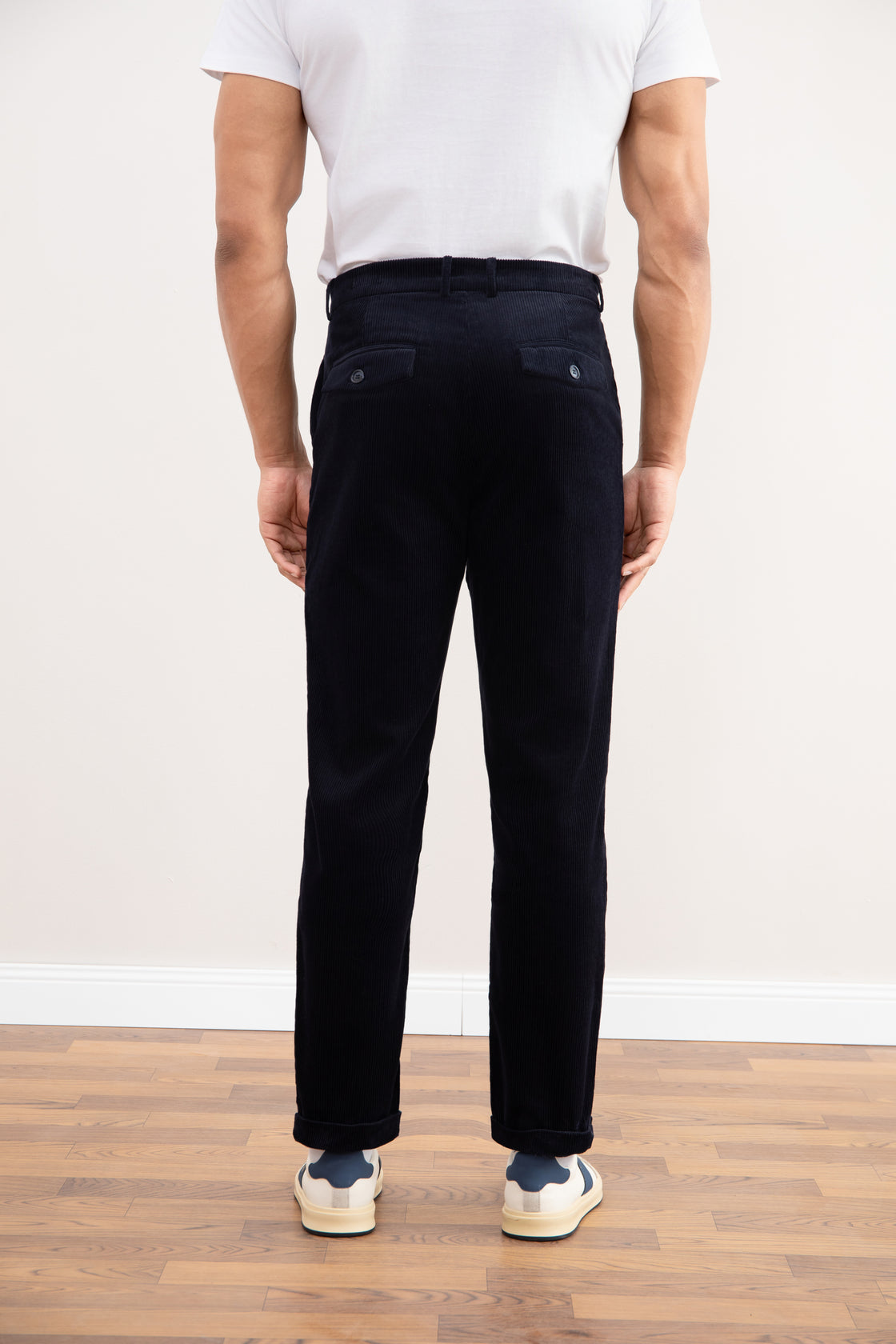 Navy blue velvet straight-leg pants