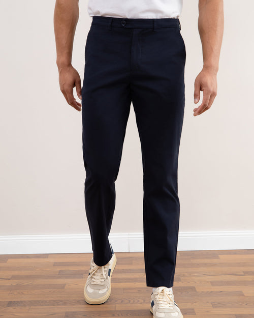 Dark blue chinos with a straight cut