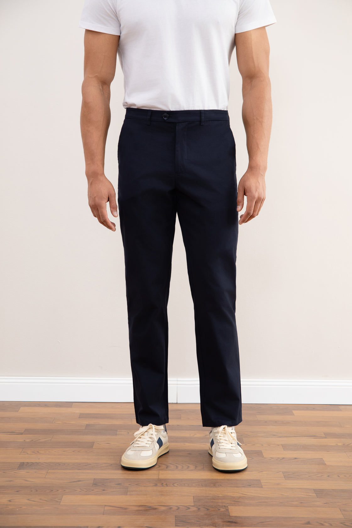 Dark blue chinos with a straight cut