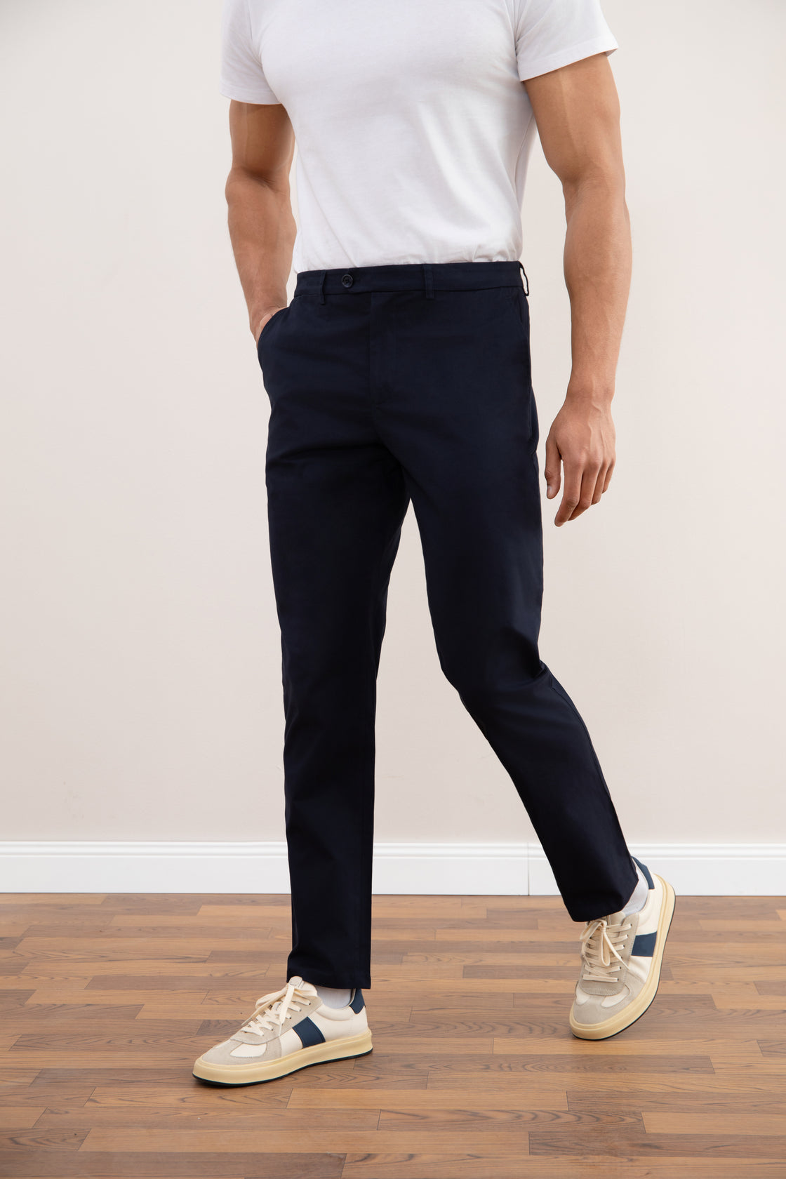 Dark blue chinos with a straight cut