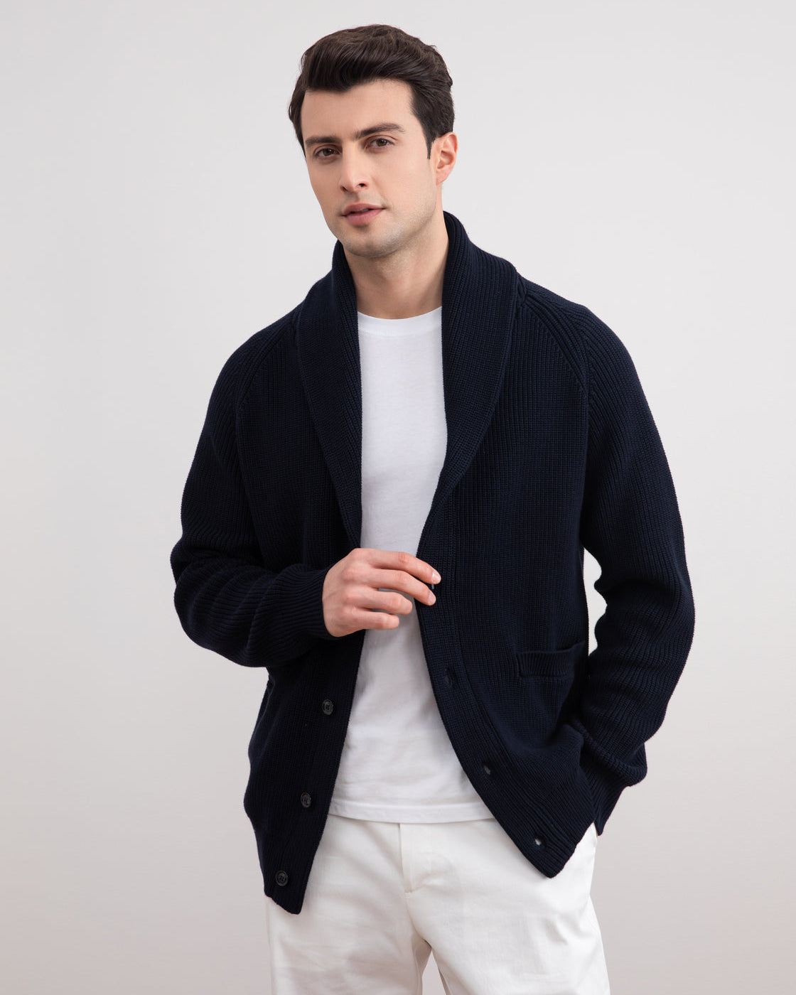Dark blue rib-knit jacket with shawl collar