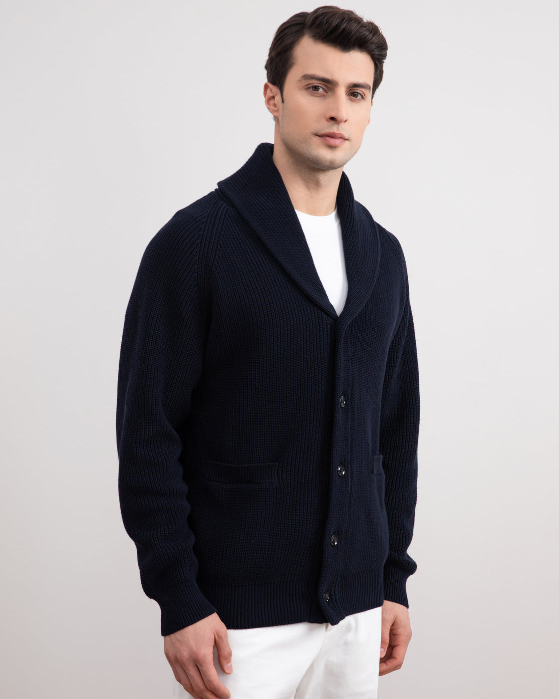 Dark blue rib-knit jacket with shawl collar