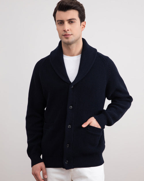 Dark blue rib-knit jacket with shawl collar