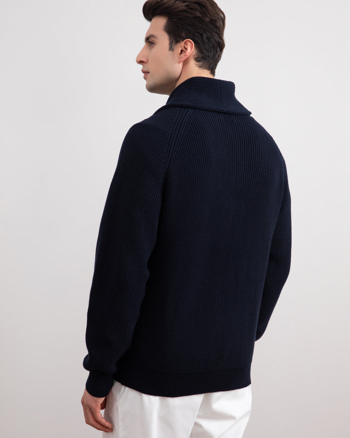 Dark blue rib-knit jacket with shawl collar