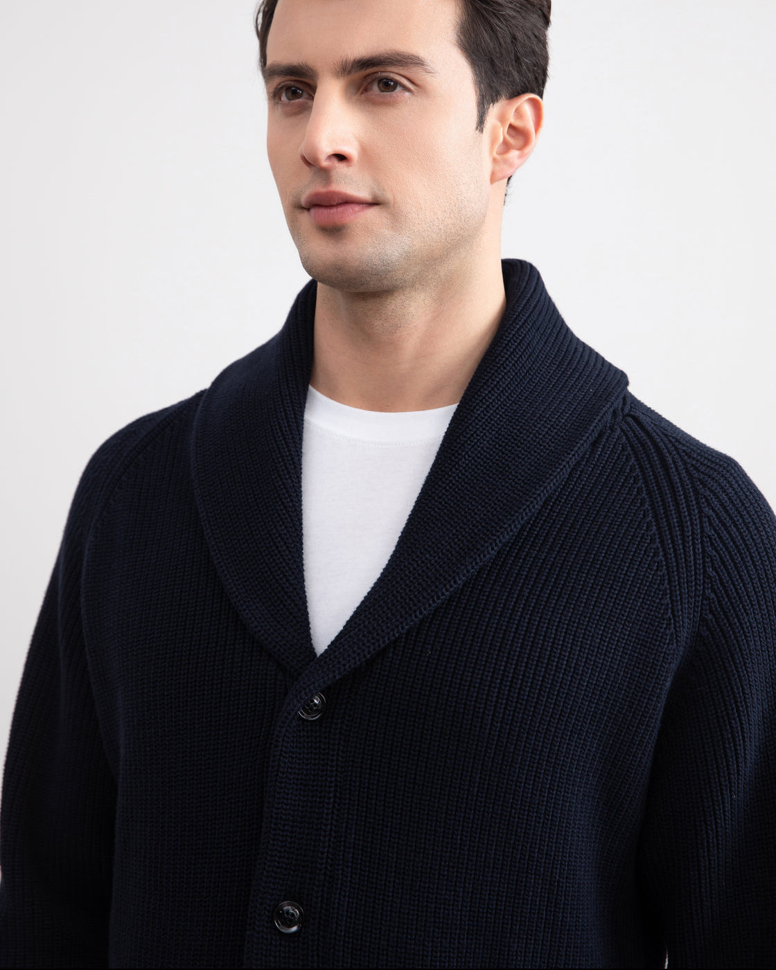 Dark blue rib-knit jacket with shawl collar