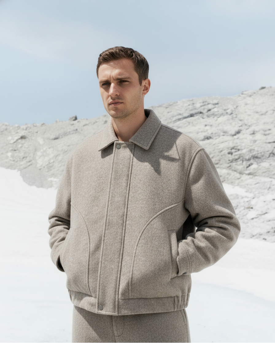 Short jacket with textured wool lining